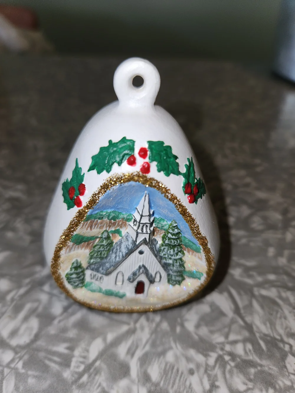 White Bell Ornament with Holly and Winter Chapel Scene